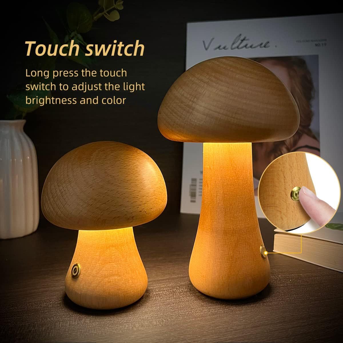 Wooden Mushroom LED Night Light – Cozy Bedside Lamp