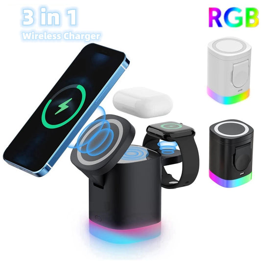 3-In-1 Magnetic Wireless Fast Charger with RGB Ambient Light